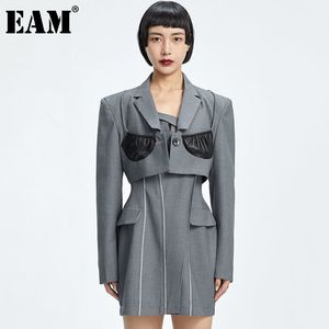 [EAM] Femmes Grey Bouton Simple Bouton Simple Blazer à manches longues à manches longues Fit Fit Veste Spring Automne 1DD7299 21512