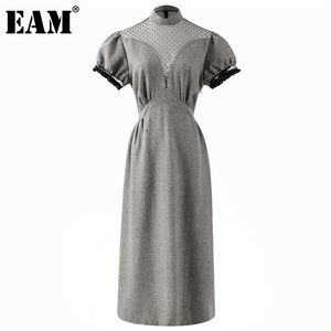 [EAM] vestido elegante vendaje de malla manchada gris para mujer, cuello levantado, manga corta abullonada, moda holgada Primavera Verano 1DD6343 21512