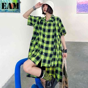 [EAM] femmes vert grande taille Plaid irrégulière tenue décontractée revers demi manches coupe ample mode printemps été 1DD7186 21512