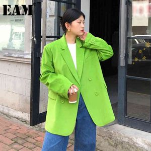 [EAM] Dames Groene Corduroy Big Size Blazer Revers Lange Mouw Losse Fit Jas Mode Lente Herfst 1DD6462 21512