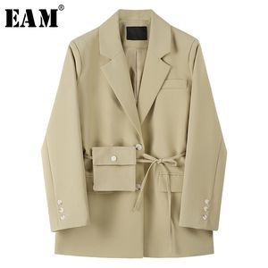 [EAM] Vrouwen Khaki Bandage Split Big Size Blazer Nieuwe Revers Lange Mouw Losse Fit Jas Mode Tij Lente Herfst 1x198 201008