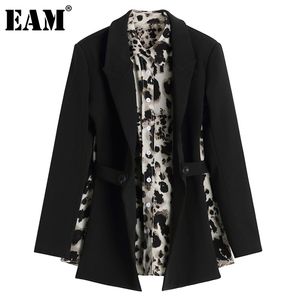 [EAM] femmes imprimé léopard dos nu grande taille Blazer col cranté à manches longues veste mode printemps automne 1DD4175 211019