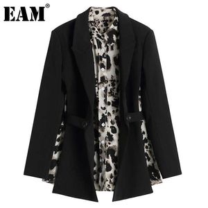 [Eam] Femmes Léopard Imprimer Imprimé BLANCHE BLAZER BLAZER BLAZER NOTCHED COLLIER Veste à manches longues Fashion Spring Automne 1DD4175 210930