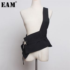 [EAM] Vrouwen losse fit zwart asymmetrische split -joint verband met mouwloze mode Spring herfst 1H975 210909