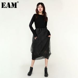 [EAM] Femmes Maille Ridée Tricot Robe Noire Col Rond Manches Longues Coupe Ample Mode Printemps Automne 1DD368901 210512