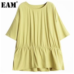 [EAM] Vrouwen Multicolor Geplooid Big Size Yellow T-shirt Ronde hals Drie-Kwart Mode Mode Lente Zomer 1DD7951 21512