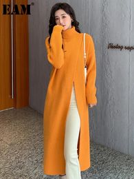 Eam Women Orange Knitting Long Slit Vestido de gran tamaño Turtleneck manga larga Fash Fashion Spring Otoño 2024 1DE5886 231225