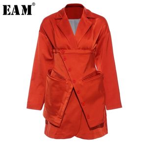[EAM] femmes Orange fendu irrégulière Blazer nouveau revers à manches longues coupe ample veste mode marée printemps automne 1T660 201114