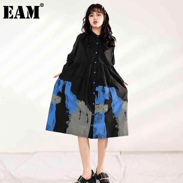 [EAM] femmes motif imprimé longue robe noire col montant à manches longues coupe ample mode printemps automne 1Y92801 21512