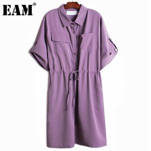 [EAM] Femmes Violet Grande Taille Poches Casual Cordon Robe Revers Manches Courtes Lâche Mode Printemps Été 1DD8196 210512