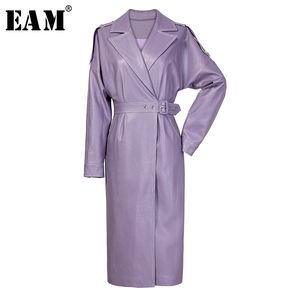 [EAM] mujeres púrpura plisado tamaño grande Pu cuero Trench nueva solapa manga larga suelta rompevientos moda primavera otoño 1W647 201110