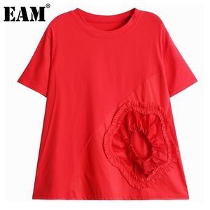 [EAM] Dames Rood Zwart Big Size Patch Designs Casual T-shirt Ronde hals Korte Mouw Mode Lente Zomer 1DD6790 210512