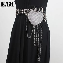 EAM femmes chaîne en métal argenté strass décoration personnalité longue ceinture mode tout-match printemps automne 2024 1DD5105 240118