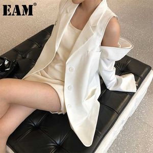 [EAM] femmes couleur unie épaules dénudées fermeture éclair Blazer revers manches longues coupe ample veste mode été 1DD6470 211006