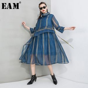 [EAM] femmes rayé perspective maille robe fendue nouveau col roulé manches trois-quarts coupe ample mode printemps automne 2021 1T554 210303