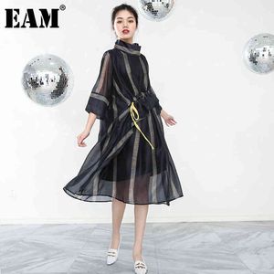 [EAM] Femmes en perspective rayée Mesh Split Long Robe Coltreveneck à trois quarts Fashion Fashion Spring Autumn 1T55401 21512