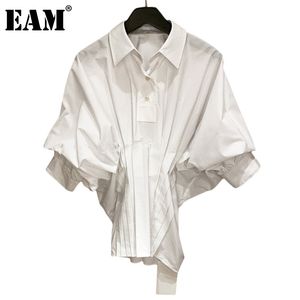 [EAM] femmes blanc grande taille plissé chemisier court revers manches chauve-souris coupe ample chemise mode printemps été 1DD7149 210512