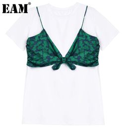 [EAM] Camiseta Feminina Branca Casual Emendada Falsa Duas Peças Decote Redondo Manga Curta Moda Primavera Verão 1DD8496 210512