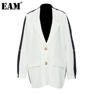 [EAM] femmes blanc contraste couleur grande taille Blazer revers à manches longues coupe ample veste mode printemps automne 1DE2307 211006