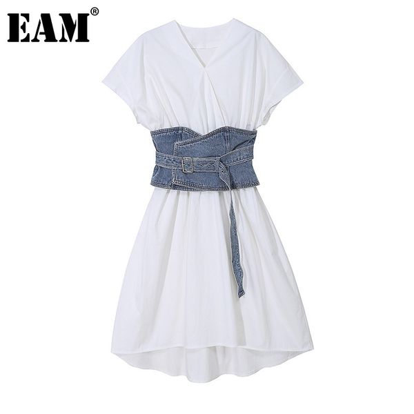 [EAM] Mujeres White Denim Vendaje Midi Vestido elegante con cuello en V Manga corta Ajuste suelto Moda Primavera Verano 1DD6095 210512