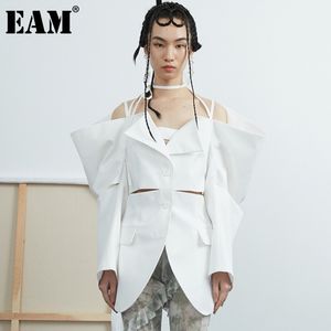 [EAM] Femmes Blanc Creux Out Dos Nu Blazer Revers Manches Longues Coupe Ample Veste Mode Printemps Été 1DD7418 210512