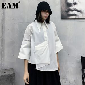 [EAM] femmes blanc irrégulier grande taille Blouse revers manches trois-quarts coupe ample chemise mode printemps automne 1DD7731 21512