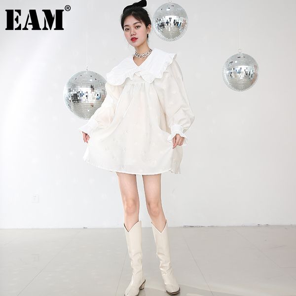 [EAM] minivestido blanco con volantes y temperamento para mujer, cuello Peter Pan, manga larga, ajuste holgado, moda primavera otoño 2A53400 21512