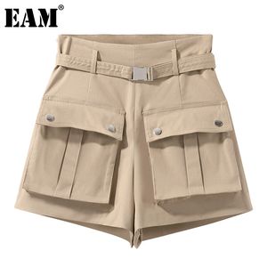[EAM] femmes jambe large kaki poche short ceinturé taille haute coupe ample pantalon mode printemps été 1DD7424 21512