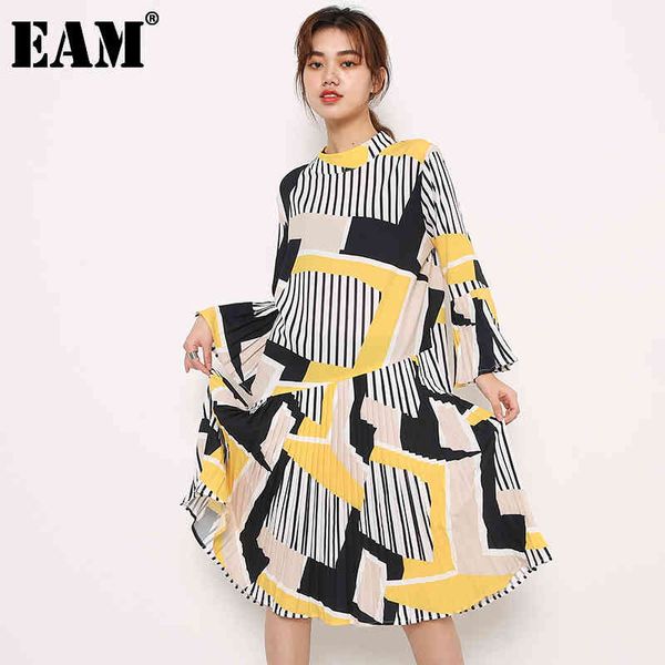 [EAM] femmes jaune motif imprimé robe col montant manches évasées coupe ample mode printemps automne JO58507 21512
