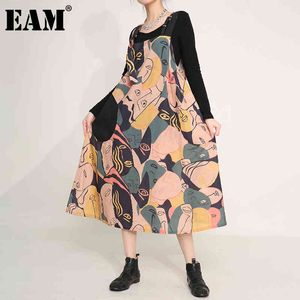 [EAM] Femmes Jaune Modèle imprimé MIDI Big Taille Strap Robe Sans manches Loose Fit Fashion Spring Automne 1DD536107 210512