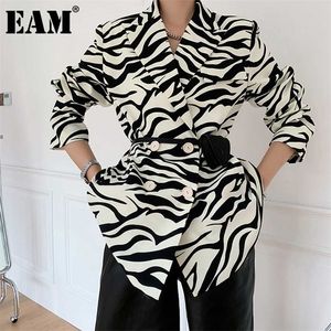 [EAM] Femmes Zebra Modèle Big Taille Blazer Abèle Longe Loose Fonction Fashion Fashion Spring Automne 1DB329 211019