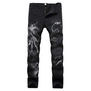 Eans 2022 Dark Streetwear Skull Print Punk Men Vintage Slim Jeans broek Hip Hop Stretch Cotton denim broek voor tieners pantalones J240507