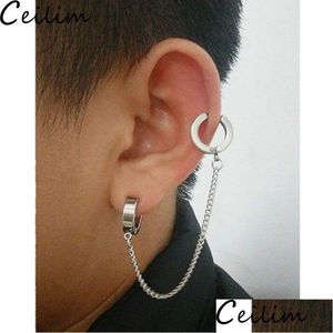 Oreille Manchette 1 Pièce Punk En Acier Inoxydable Cercle Clip Sur Boucles D'oreilles Cerceau Avec Longue Chaîne Sier Couleur Unique Mode Bijoux Drop Delivery Dhqyp