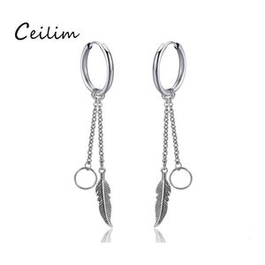 Oreille Manchette 1 Pc Plume Gland Unique Boucle D'oreille Longue En Acier Inoxydable Chaîne Goutte Dangle Clip Pour Hommes Femmes Filles Punk Style Bijoux Delive Ot6Lw