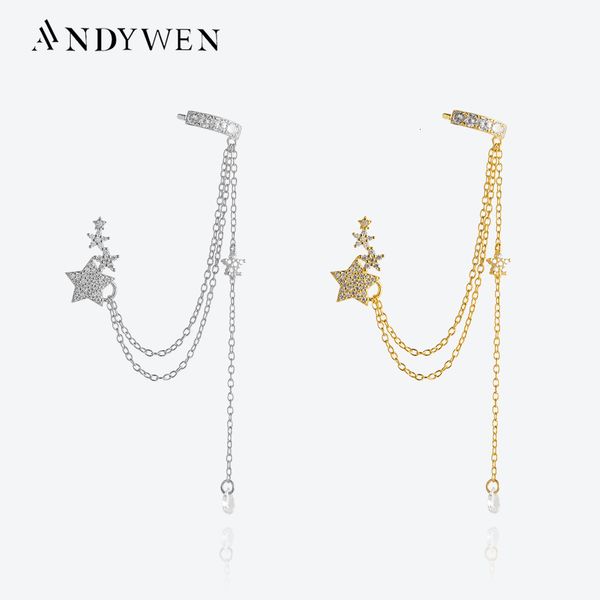 Oreille Manchette ANDYWEN 925 Sterling Silver Long Chain Star EarCuff Femmes Long Piercing Boucle D'oreille Russie Cristal De Luxe Fine Jewelry Wedding 230728