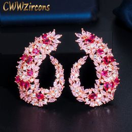 Ear Cuff Cwwzircons Rose Gold Plated Luxury Geometrie Flower Red Cubic Zirconia Big Wedding Earring Fashion beroemde sieraden CZ415 230306