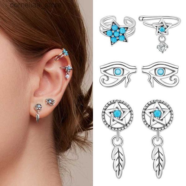 Ear Cuff Ear Cuff BAMOER Oreja única 925 Clip de plata DreamCatcher Hollow Evil Eye Turquesa Exquisito Simple Pendientes de baja alergia Regalo Y240326