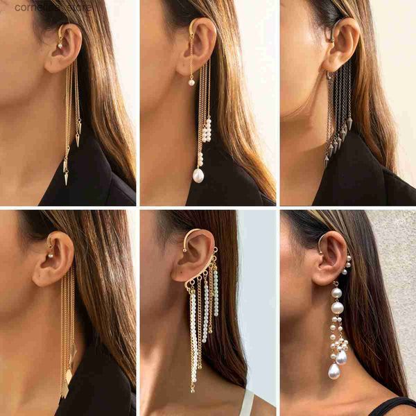 Ear Cuff Ear Cuff IngeSight Z1PC imitation perle sequin longues boucles d'oreilles pompon Kpop boucles d'oreilles incurvées suspendues fausse boîte en carton clip boucles d'oreilles bijoux accessoires Y240