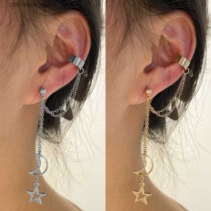 Ear Cuff Ear Cuff Vintage pendentif en métal boucles d'oreilles avec longue chaîne boucle d'oreille clip adapté aux femmes argent or étoile et lune boucles d'oreilles bijoux Y240326
