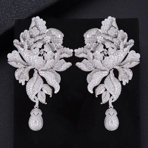 Ear Cuff Godk 76mm Luxe Peony Flower Blossom Cubic Zirconia Vrouwen Verklaring Lang Drop Earring Wedding Party Bridal Fringed Sieraden Geschenk 230306