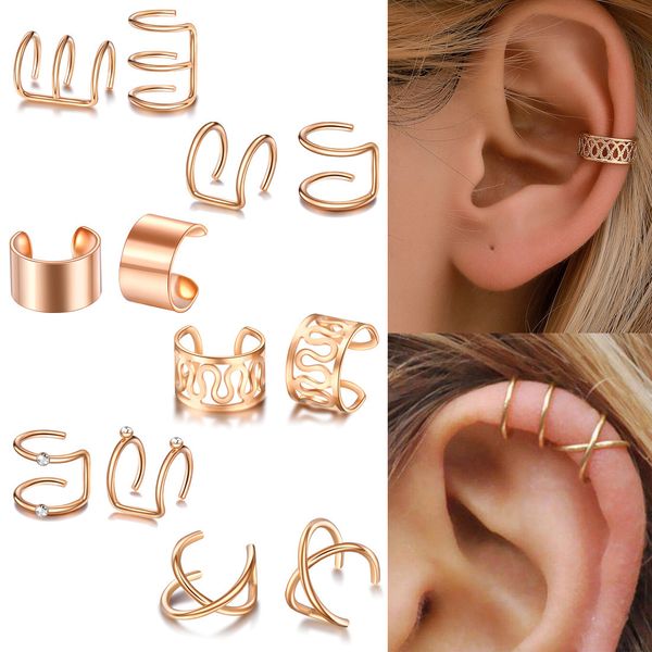 Ear Cuff Gold Leaves Non-Piercing Earing Clips Tornillo Back Fake Cartílago Pendientes Joyería para Mujeres Hombres Venta al por mayor 12PCS Set