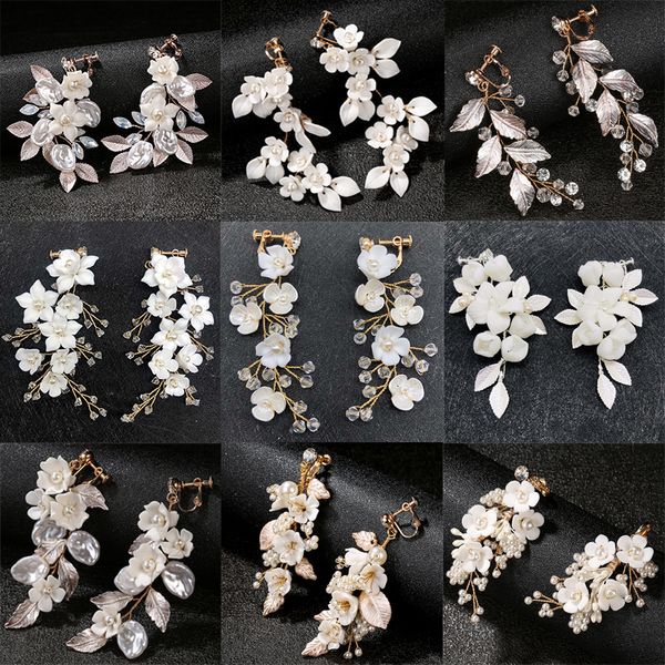 Oreille manchette à la main perle en céramique fleur Clip sur boucles d'oreilles pour femmes accessoires cristal mariée mariage goutte boucle d'oreille fête bijoux cadeau 230728