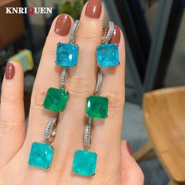 Oreille Manchette KNRIQUEN Vintage 12 * 12 Paraiba Tourmaline Émeraude Gemme Drop Clip Boucles D'oreilles pour Femmes Cocktail Party Fine Jewelry Femme Cadeau 230320