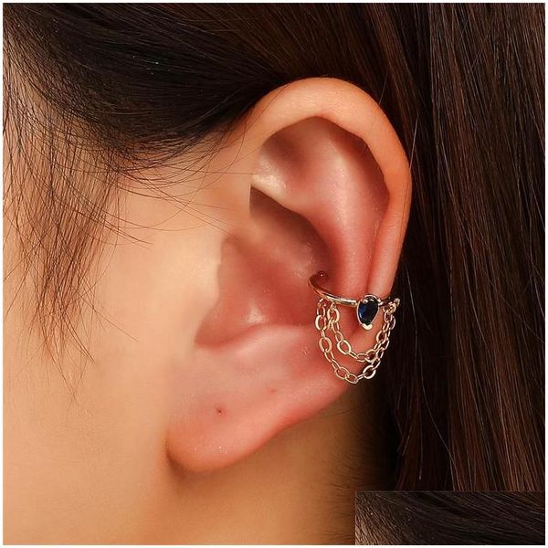 Oreille Manchette Coréenne Pas De Chaînes De Trou Avec Goutte D'eau Bleu Cristal Boucle D'oreille Clip Femmes Femme Punk Cuivre Boucles D'oreilles En Forme De Os Clips D'accès Dhnpe