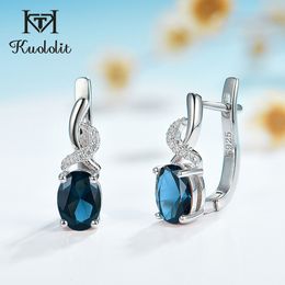 Boucle d'oreille Kuololit London bleu pierres précieuses boucles d'oreilles à clip pour femmes véritable argent sterling 925 ovale 6x8 boucle d'oreille de luxe pour fiançailles mariée 230224