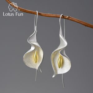 Couet d'oreille Lotus Fun 18k Gold Long Hanging Calla Lily Flower Boucles d'oreilles pour les femmes Real 925 Silver Silver Luxury Fine bijoux 230228