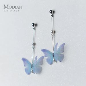Manchette d'oreille Modian série d'insectes papillon bleu perle boucle d'oreille goutte pour les femmes mode véritable 925 en argent Sterling balancent bijoux fins 231005
