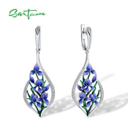 Oor Manchet SANTUZZA 925 Sterling Zilveren Oorbellen Voor Vrouwen Witte CZ Blauwe Orchidee Bloem Drop Trendy Fijne Sieraden Handgemaakte Emaille 231005