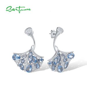 Boucle d'oreille SANTUZZA 925 boucles d'oreilles en argent sterling pour femmes étincelant bleu ciel spinelle blanc CZ feuille vive anniversaire bijoux fins 230822