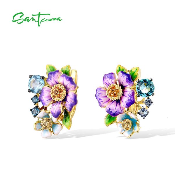 Ear Cuff SANTUZZA Pure 925 Pendientes de plata esterlina para mujer Piedra azul brillante Fiesta de flores púrpura delicada Joyería fina Esmalte hecho a mano 230614